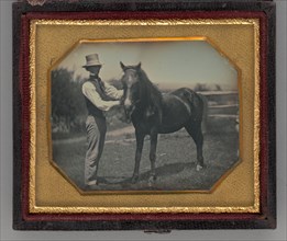 Untitled (Portrait of a Man Wearing a Top Hat Standing Next to a Horse), 1850s. Creator: Unknown.