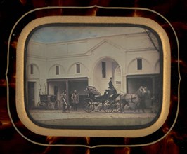 Untitled (Three Men and Horse-Drawn Carriage), 1856. Creator: Unknown.