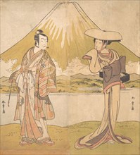 The Actor Bando Mitsugoro as a Man in Sumptuous Raiment, Standing in a Field..., ca. 1778. Creator: Shunsho.