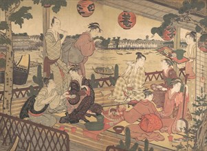 Two Young Men and Several Women Dining at a Tea-house on the Bank of the Sumida River, ca. 1788. Creator: Kubo Shunman.