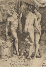 Bacchus giving grapes to women, from 'The Loves of the Gods', 1531-60. Creator: Giulio Bonasone.
