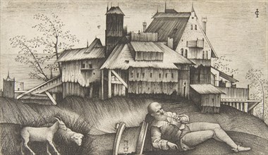 The old shepherd lying in a landscape, buildings behind, a goat and a sheep to th..., ca. 1500-1515. Creator: Giulio Campagnola.