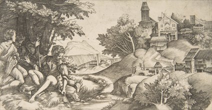At left four shepherds with musical instruments seated under a group of trees..., ca. 1517. Creators: Giulio Campagnola, Domenico Campagnola.