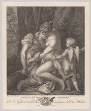 Venus mourning Adonis, seated beneath a tree and embracing him, with Cupid at right, c..., ca. 1786. Creators: Gérard René Le Vilain, Bernard Duvivier.