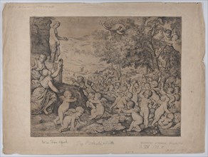 Putti before a statue of Venus; after Titian, 1636. Creator: Giovanni Andrea Podestà.