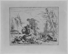 Chained Woman and Other Figures Regarding a Pyre of Bones, from the Capricci, 1743. Creator: Giovanni Battista Tiepolo.