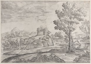 A house atop a round rock at center, people in the river and in canoes, 1626-80. Creator: Giovanni Francesco Grimaldi.