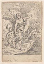 A guardian angel walking hand in hand with a young child, 1640-60. Creator: Giulio Carpioni.