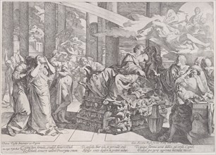 The suicide of Dido who reclines on a pyre in centre, surrounded by many figures, 1650-55. Creator: Giovanni Cesare Testa.