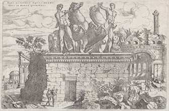 Roman ruins with the horse tamers (Dioscuri) on the Quirinal Hill, 1730-60. Creator: Giovanni Battista Pittoni.