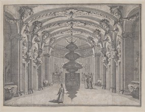 Theatrical scene in a great hall with a vaulted ceiling and a central sculpture; ..., ca. 1687-1717. Creator: Giacomo-Maria Giovannini.