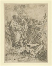 Woman kneeling in front of Magicians and other Figures, from the Scherzi, ca. 1740. Creator: Giovanni Battista Tiepolo.