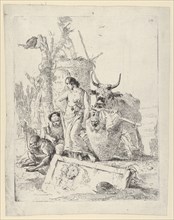 Young Shepherdess and old man with a Monkey, from the Scherzi, ca. 1740., ca. 1740. Creator: Giovanni Battista Tiepolo.