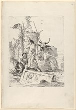 Young shepherdess and old man with a monkey, from the Scherzi, ca. 1743-50. Creator: Giovanni Battista Tiepolo.