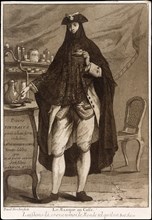A man wearing a mask drinking a cup of coffee (Le Masque au Caffé), 1775. Creator: Giovanni David.