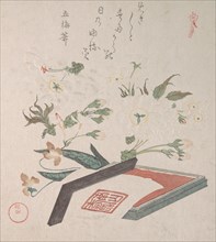 Cherry Blossoms and Seal-box with Ink and Ruler, 19th century. Creator: Kubo Shunman.
