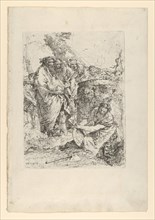 Woman kneeling in front of magicians and other figures, from the Scherzi, ca. 1743-50. Creator: Giovanni Battista Tiepolo.