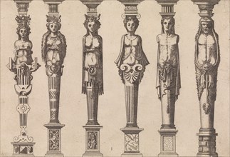Six herms, four female and two male, with Hercules at far right, ca. 1565. Creators: Johannes van Doetecum I, Lucas van Doetecum.