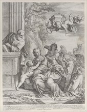 The Holy Family with angels at right and overhead, 1652. Creator: Giovanni Battista Beinaschi.
