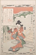 Young Woman Playing the Flute by a Bridge, 19th century. Creator: Kubo Shunman.