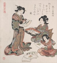 Two Women and a Girl Looking at Paintings, probably 1815. Creator: Kubo Shunman.