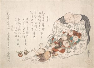 Hotei Opening His Bag which Is Full of Small Boys, ca. early 19th century. Creator: Kita Busei.