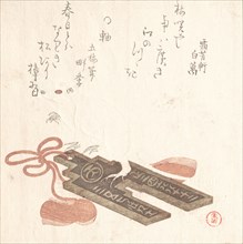 Rat on a Fuchin, Ornament with a Design of Egoyomi (Pictorial Calendar), 1816. Creator: Kubo Shunman.