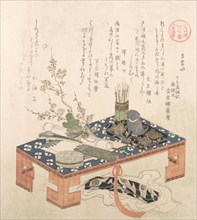 “Desk with Writing Set and Plum Flowers,..., probably 1814 (Year of the Dog). Creator: Kubo Shunman.