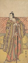 Ichikawa Danjuro V as Kudo Suketsune, Richly Attired, Leaning on His Sword, late 18th century. Creator: Shunsho.