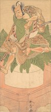 The Fourth Ichikawa Danjuro as a Yakko (servant) seated upon a Large Cake of Mochi..., 1772. Creator: Shunsho.