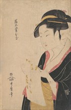 The Lady Tomimoto Toyohina Reading a Letter, 1790. Creator: Kitagawa Utamaro.