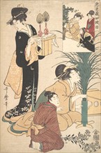 A Woman and a Man Arranging Flowers for the Tsukimi (Moon Festival), 1802. Creator: Kitagawa Utamaro.