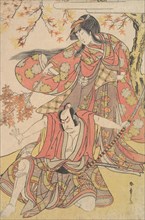 Segawa Kikunojo III as a Woman Standing under a Maple Tree in the Autumn, ca. 1778., ca. 1778. Creator: Shunsho.