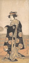 Yoshizawa Iroha as a Woman Standing on the Engawa of a House by a River, ca. 1778. Creator: Shunsho.