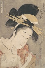 “Hanamurasaki of the Tamaya,” from the series Seven Komachi of the Pleasure Quarters (..., ca. 1790. Creator: Kitagawa Utamaro.