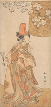 Segawa Tomisaburo in the Role of Musume Dojoji in "Hanagatami Kazaori Eboshi", February 1774. Creator: Shunsho.