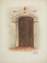 Restoration Drawing Wall Painting and Door, Facade Mission House, 1937. Creators: Geoffrey Holt, Harry Mann Waddell.
