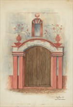 Restoration Drawing: Main Doorway, with Decorations, Mission House, 1938. Creators: Geoffrey Holt, Harry Mann Waddell.