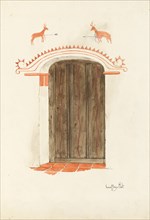 Restoration Drawing: Wall Decoration Over Doorway, Facade of Mission-House, c. 1937. Creator: Geoffrey Holt.
