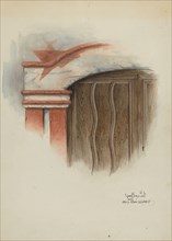 Restoration Drawing: Detail of Arch, Main Doorway, and Door, Mission-House, c. 1937. Creators: Geoffrey Holt, Harry Mann Waddell.