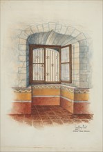 Restoration Drawing: Wall Painting Around Window, with Grille, c. 1939. Creators: Geoffrey Holt, Harry Mann Waddell.