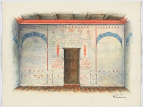 Restoration Drawing: Wall Painting; Door, 1937. Creators: Geoffrey Holt, Harry Mann Waddell.
