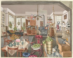 Semi-Rural Kitchen and Dining Room, 1910, 1935/1942. Creator: Perkins Harnly.