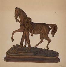 Horse and Man Woodcarving, 1939. Creator: Marie Lutrell.