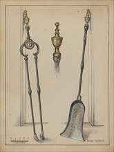 Fire Tongs, Shovel, and Jamb Hooks, c. 1936. Creator: Hans Korsch.