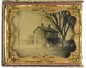 Two and a Half Story Brick Country House with Outbuildings with Ornate Porch..., 19th century. Creator: Unknown.