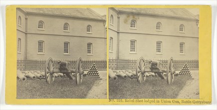 Rebel Shot lodged in Union Gun, Battle Gettysburg, 1855/75. Creators: Kilburn Brothers, BW Kilburn.
