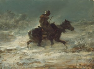 Man with Lance Riding through the Snow, c. 1880. Creator: Christian Adolf Schreyer.