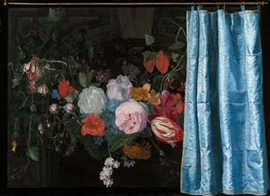 Trompe-l'Oeil Still Life with a Flower Garland and a Curtain, 1658. Creators: Adriaen van der Spelt, Frans van Mieris.