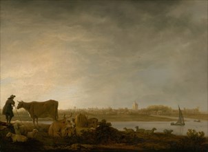 A View of Vianen with a Herdsman and Cattle by a River, c. 1643/45. Creator: Aelbert Cuyp.
